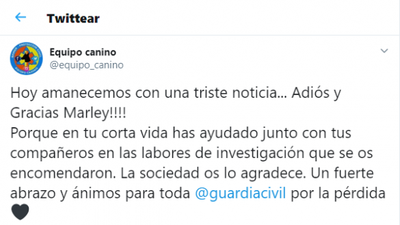 Tuit de Equipo Canino despidiéndose de Marley. Twitter