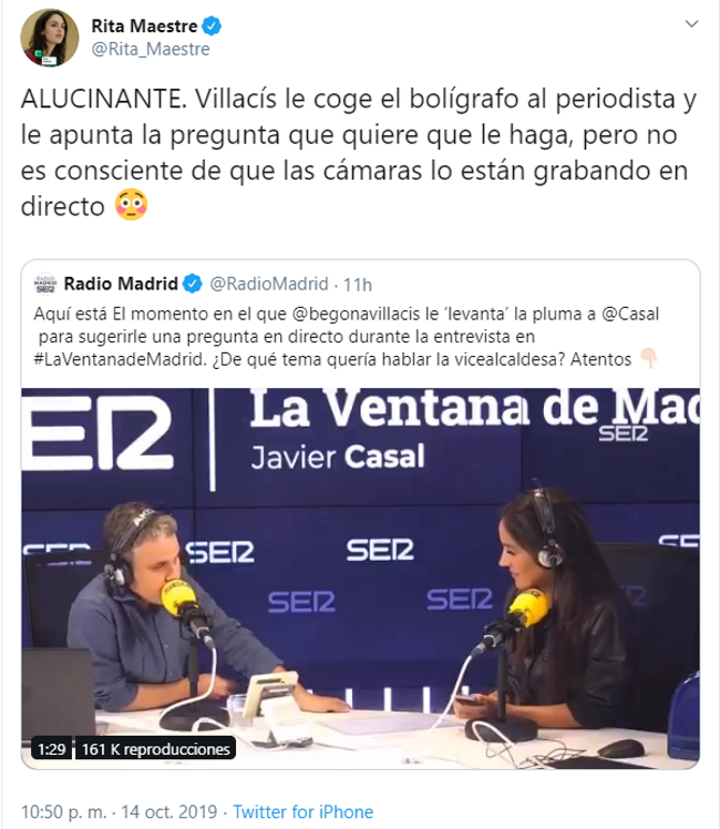 Tuit de Rita Maestre sobre Villacís