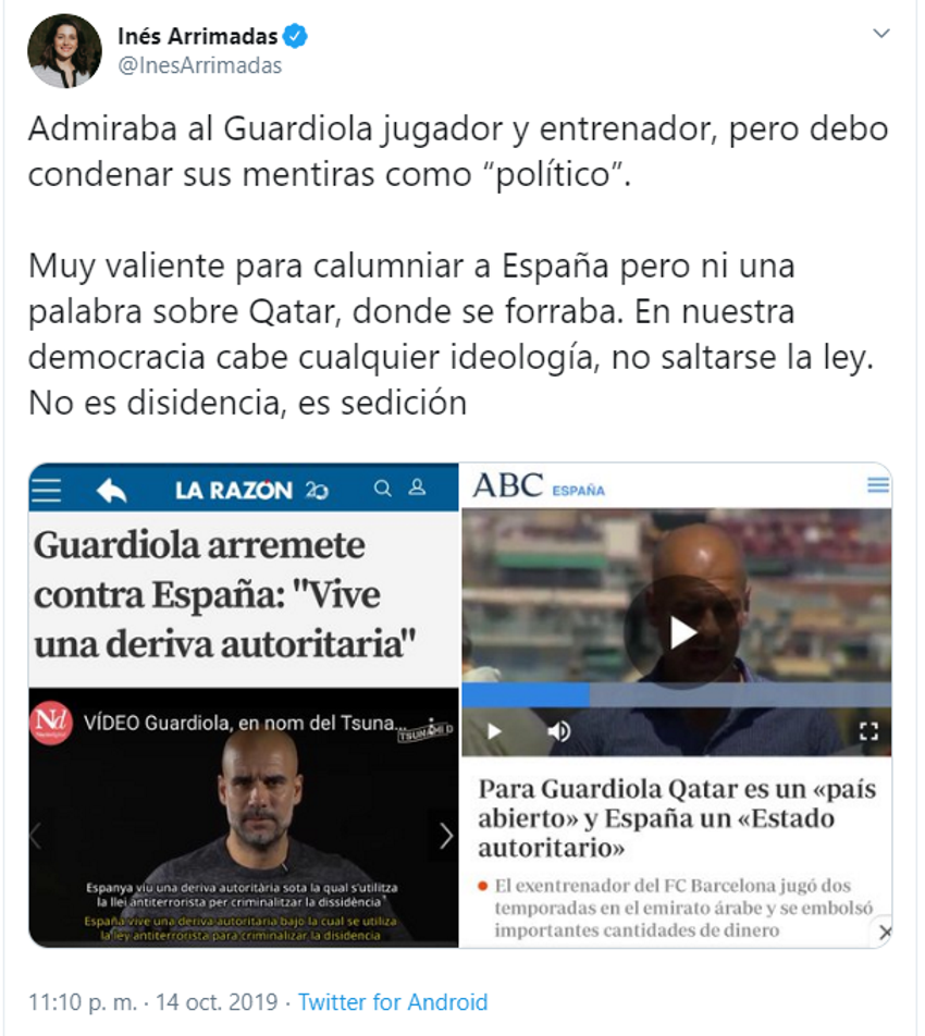 Tuit de Inés Arrimadas contra Pep Guardiola