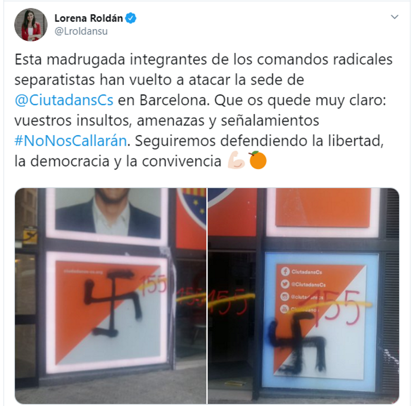 Tuit de Lorena Roldán sobre las pintadas nazis en la sede de Ciduadanos