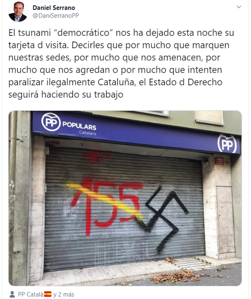 Tuit de Daniel Serrano sobre las pintadas nazis en la sede del PP