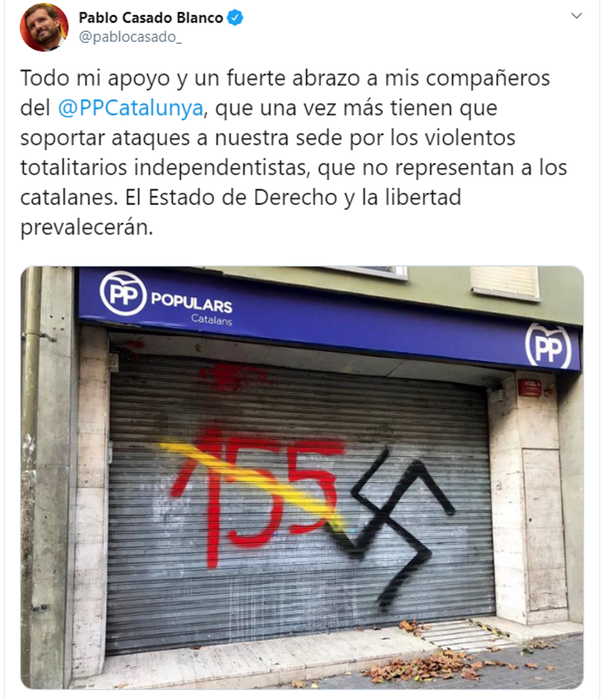 Tuit de Pablo Casado sobre las pintadas en la sede del PP en Cataluña