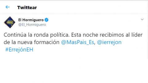 'El Hormiguero 3.0' anuncia que les visita Íñigo Errejón. Twitter