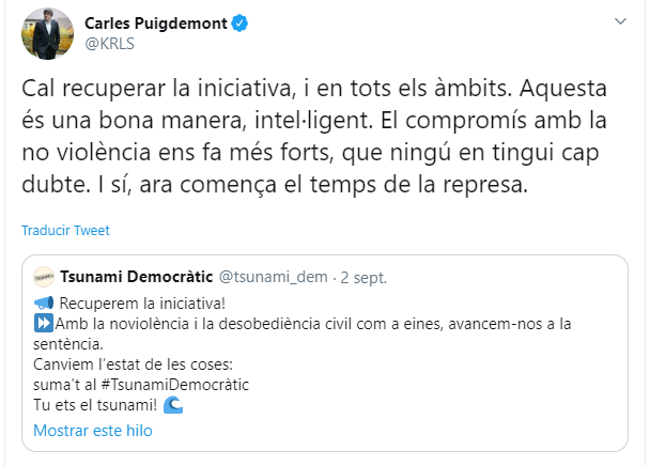 Tuit de Carles Puigdemont sobre Tsunami Democràtic