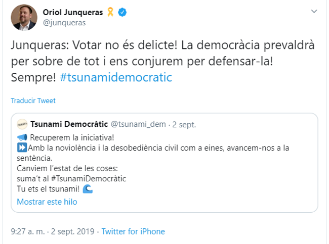 Tuit de Oriol Junqueras sobre Tsunami Democràtic
