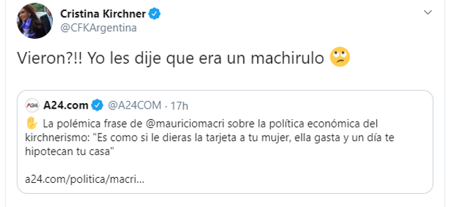 Tuit de Cristina Fernández de Kirchner sobre el machismo de Macri