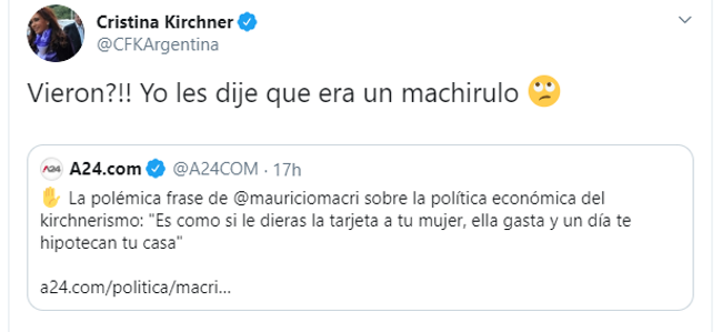 Tuit de Cristina Fernández de Kirchner sobre el machismo de Macri Tuit de Cristina Fernández de Kirchner sobre el machismo de Macri