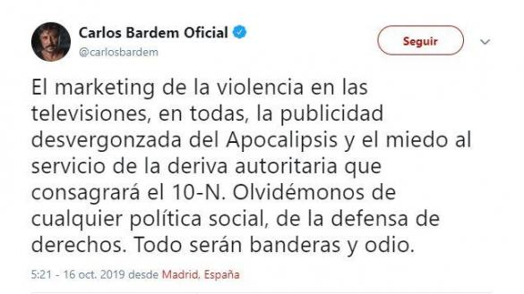 Tuit de Carlos Bardem criticando a los medios de comunicación. Twitter