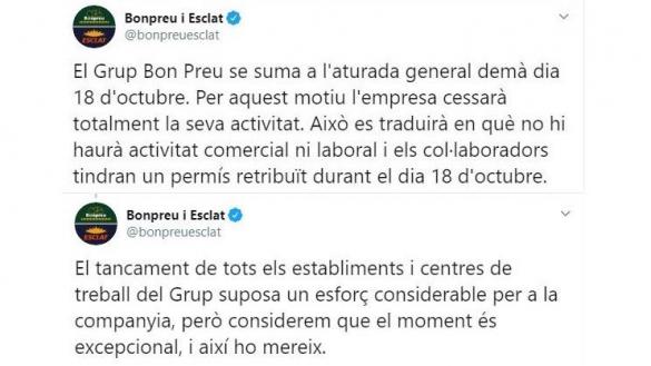 Tuit 1 de los supermercados catalanes Bon Preu. Twitter