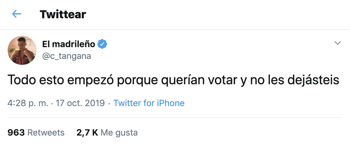 Tuit de C. Tangana sobre Cataluña Tuit de C. Tangana sobre Cataluña