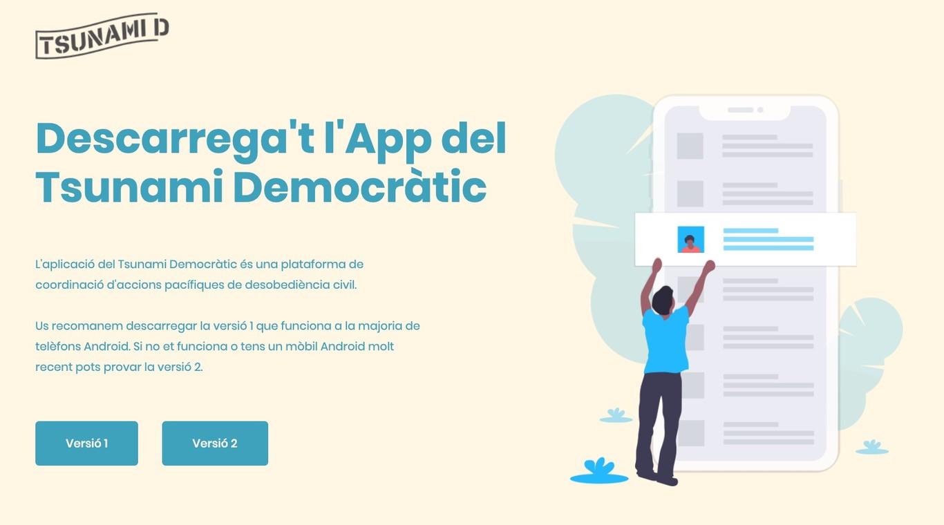 Interfaz de la nueva página web de Tsunami Democràtic donde se puede descargar su app.