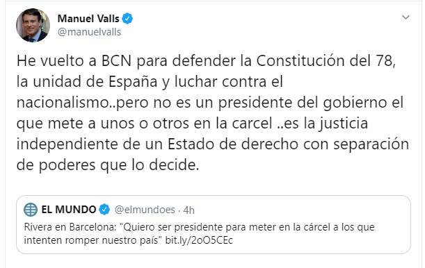 Captura de pantalla del tuit de Valls. Captura de pantalla del tuit de Valls.