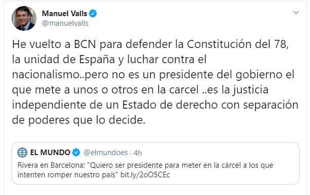 Captura de pantalla del tuit de Valls.