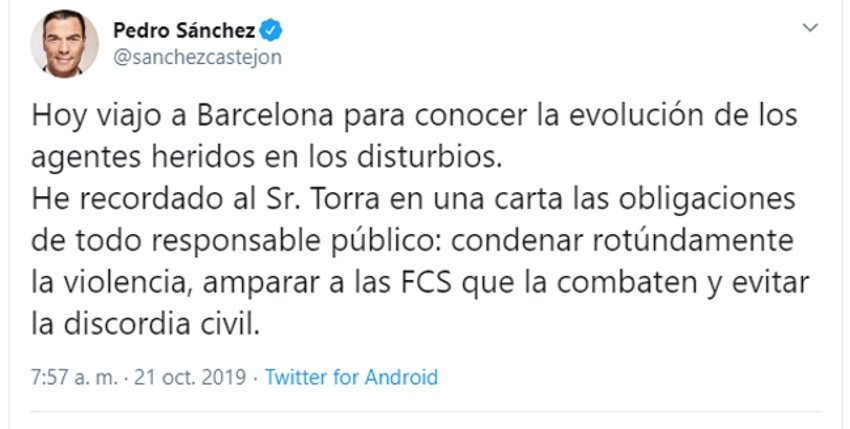 Tuit de Pedro Sánchez anunciando que visitará Barcelona