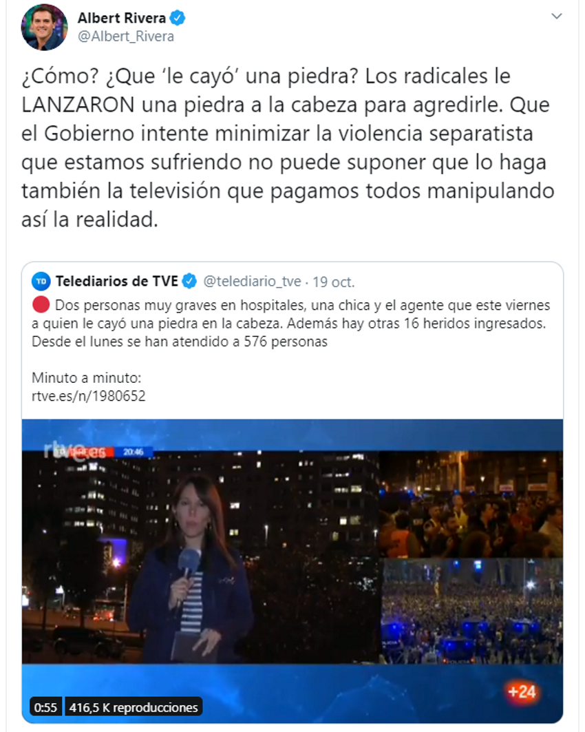 Tuit de Albert Rivera contra TVE Tuit de Albert Rivera contra TVE