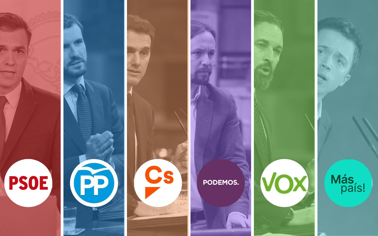 Líderes políticos: Pedro Sánchez, Pablo Casado, Albert Rivera, Pablo Iglesias, Santiago Abascal e Íñigo Errejón. 