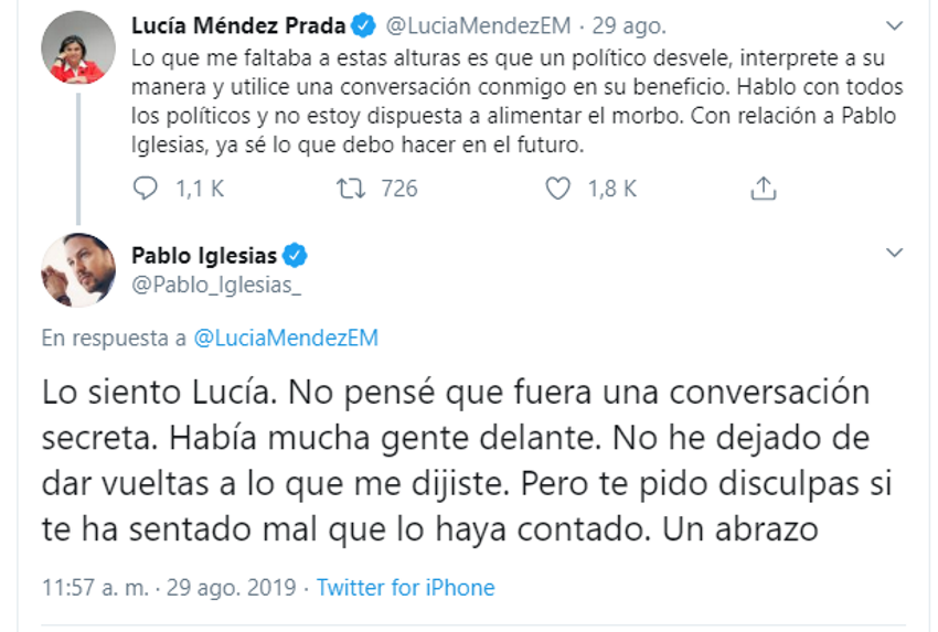 Tuits de Lucía Méndez y Pablo Iglesias sobre conversaciones privadas