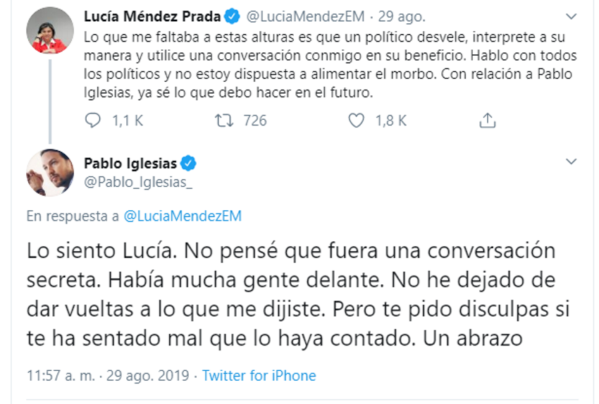 Tuits de Lucía Méndez y Pablo Iglesias sobre conversaciones privadas Tuits de Lucía Méndez y Pablo Iglesias sobre conversaciones privadas
