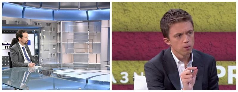 Pablo Iglesias e Iñigo Errejón en las entrevista a los informativos de Telecinco y Antena 3, respectivamente. Fuente: elaboración propia.