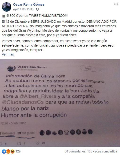 Mensaje de Óscar Reina en Facebook