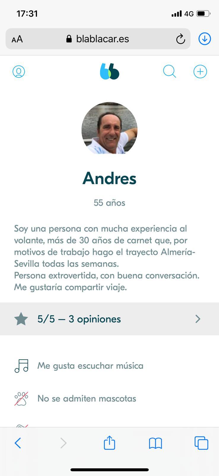 Perfil de Bablacar del parlamentario andaluz Andrés Samper Rueda