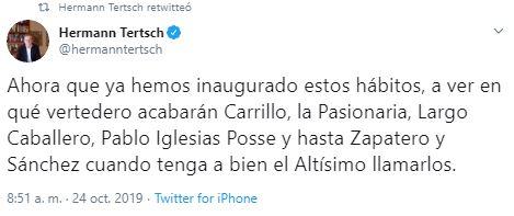 Vox amenaza con enterrar a Zapatero, Sánchez y Pablo Iglesias en un “vertedero” . Tuit de Hermann Tertsch