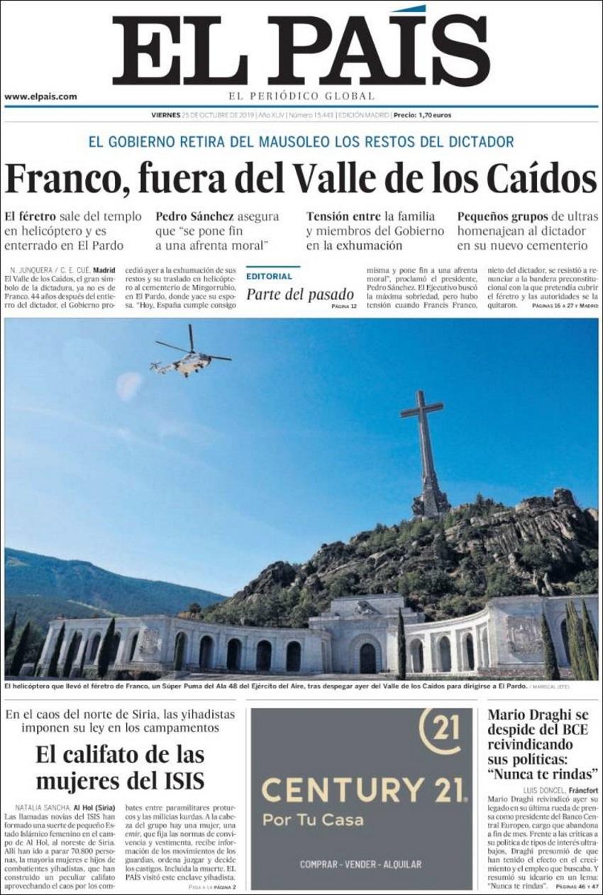 Portada de El Pais en el dia de la exhumación de Franco