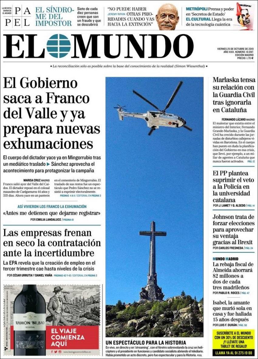 Portada de El Mundo en el dia de la exhumación de Franco