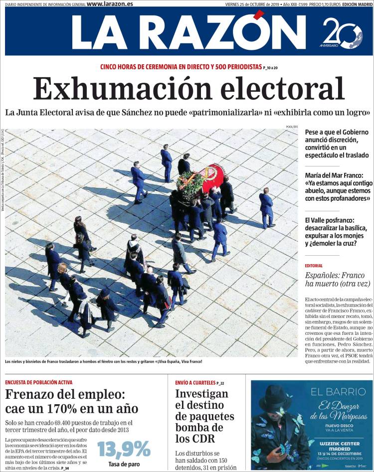 Portada de La Razón en el dia de la exhumación de Franco