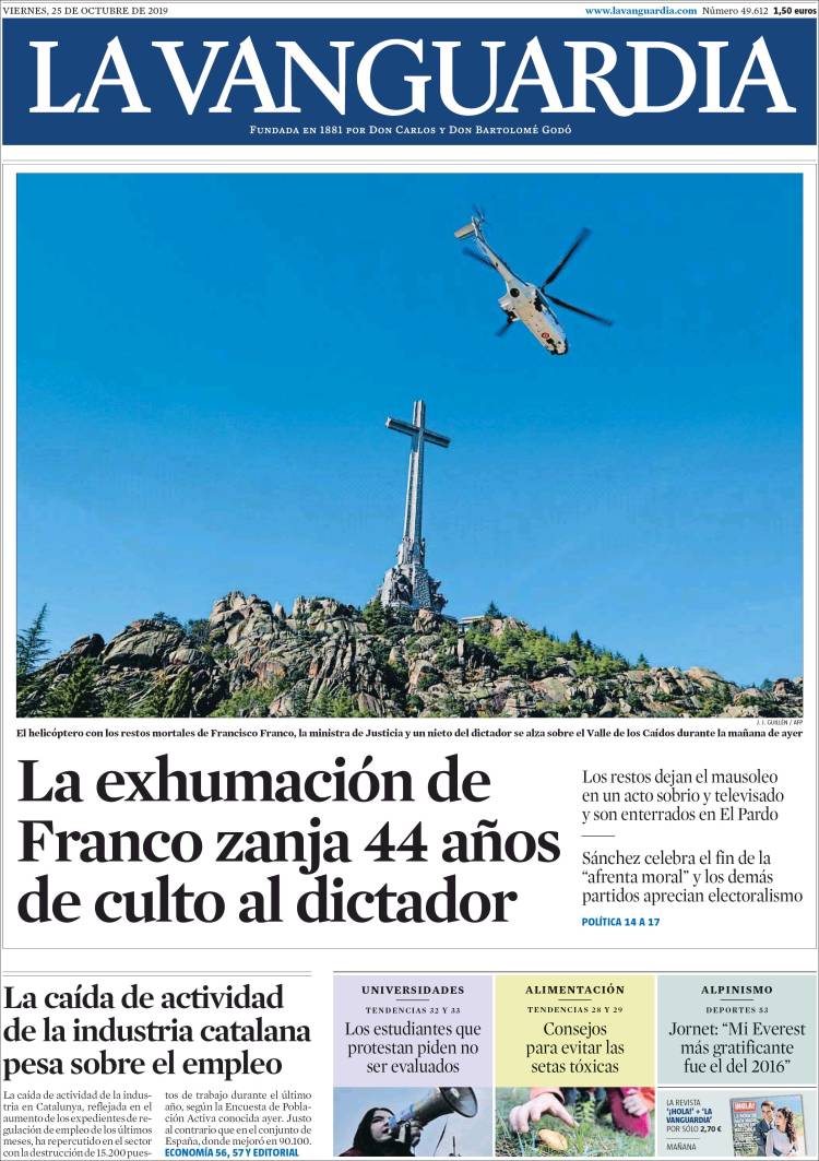 Portada de La Vanguardia en el dia de la exhumación de Franco