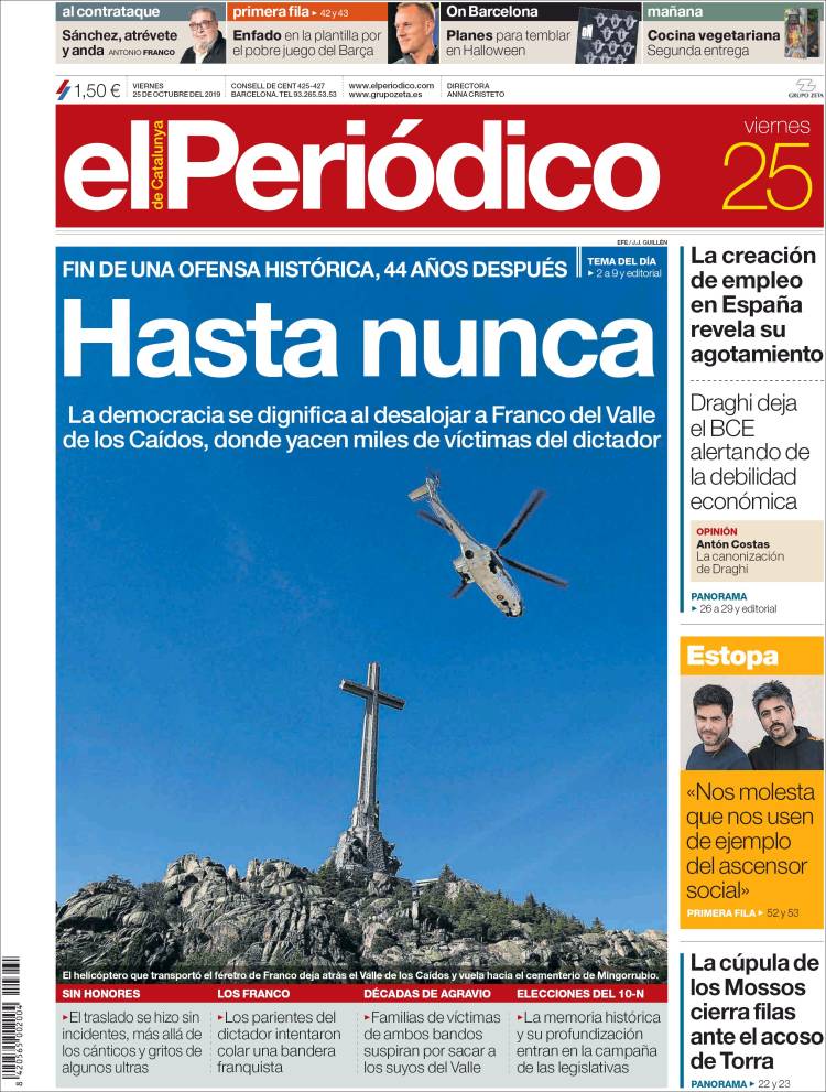 Portada de El Periódico en el dia de la exhumación de Franco