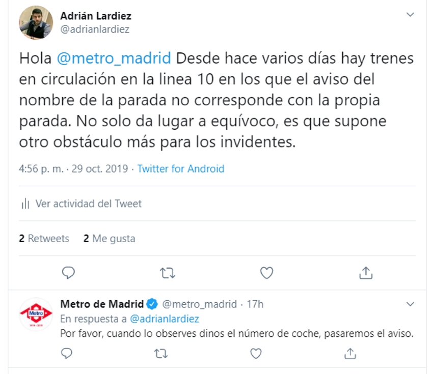 Tuit de Metro de Madrid sobre el error de las megafonías