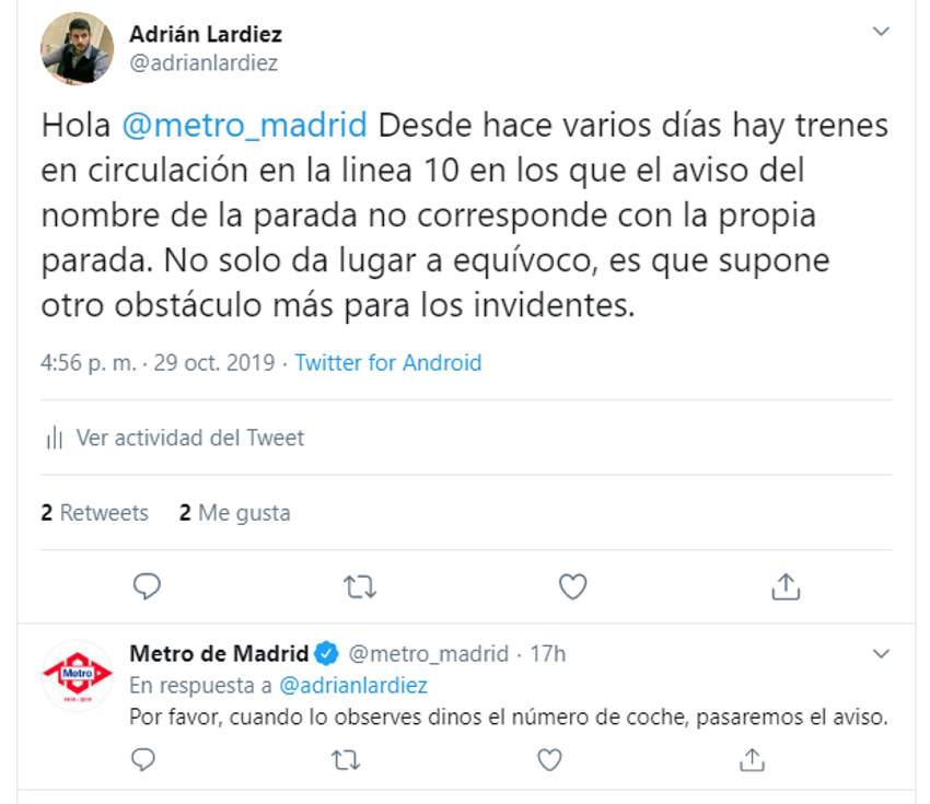 Tuit de Metro de Madrid sobre el error de las megafonías Tuit de Metro de Madrid sobre el error de las megafonías