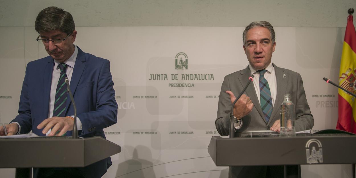 Los dos 'vicepresidentes' del Gobierno andaluz, Juan Marín (Cs) y Elías Bendodo (PP). MARÍA JOSÉ LÓPEZ/EP
