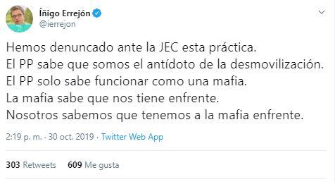Tuit de Errejón en protesta a trama de propaganda 'fake' presuntamente orquestada por el PP