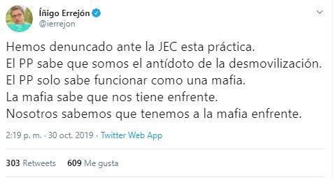Tuit de Errejón en protesta a trama de propaganda 'fake' presuntamente orquestada por el PP Tuit de Errejón en protesta a trama de propaganda 'fake' presuntamente orquestada por el PP