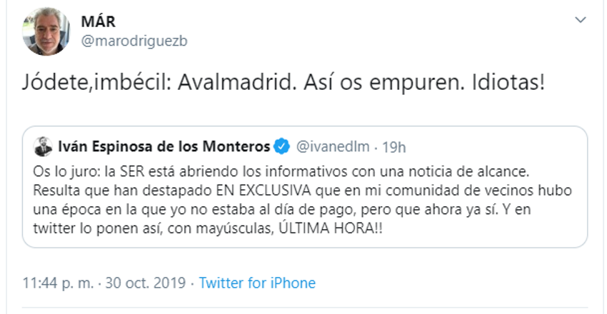 Tuit de Miguel Ángel Rodríguez contra Espinosa de los Monteros Tuit de Miguel Ángel Rodríguez contra Espinosa de los Monteros