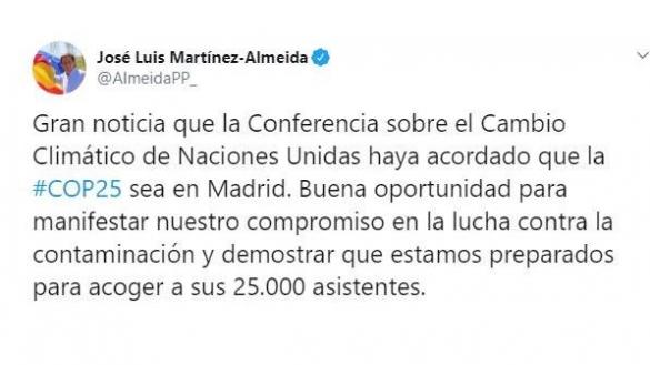 Tuit de Almeida sobre la Cumbre Mundial del Clima. Twitter