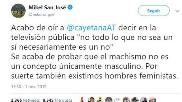 Tuit de Mikel San José sobre Cayetana Álvarez de Toledo. Twitter