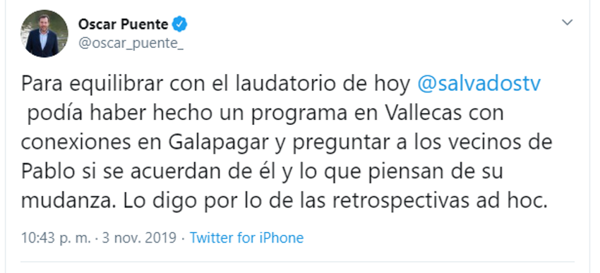 Tuit de Óscar Puente criticando a Salvados
