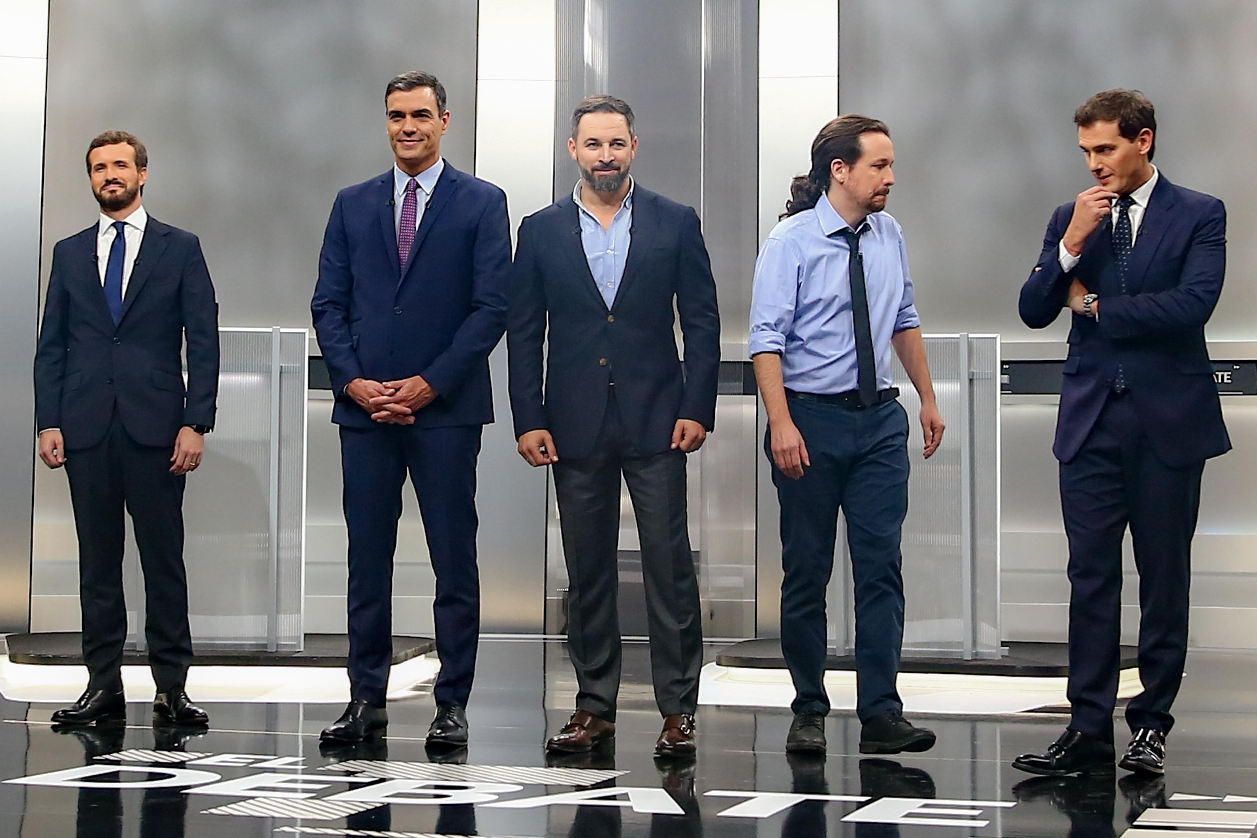 Pedro Sánchez, Pablo Casado, Pablo Iglesias, Albert Rivera y Santiago Abascal en el debate electoral. EP