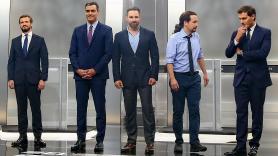 Pedro Sánchez, Pablo Casado, Pablo Iglesias, Albert Rivera y Santiago Abascal en el debate electoral. EP