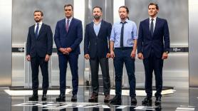 Pedro Sánchez, Pablo Casado, Pablo Iglesias, Albert Rivera y Santiago Abascal antes del debate electoral en televisión en el Pabellón de Cristal de la Casa de Campo de Madrid el 4 de noviembre