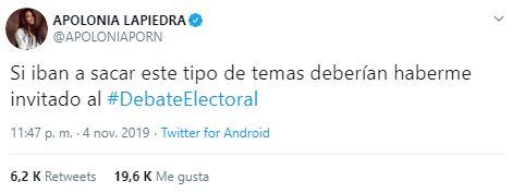 Captura del tuit de Apolonia Lapiedra sobre el debate Captura del tuit de Apolonia Lapiedra sobre el debate