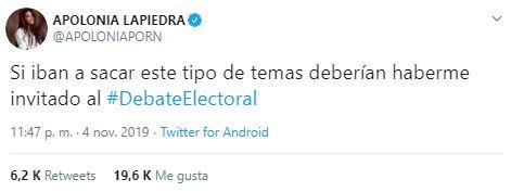 Captura del tuit de Apolonia Lapiedra sobre el debate