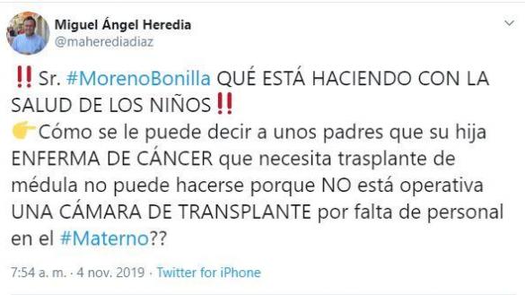 Tuit de Miguel Ángel Heredia sobre el Hospital Materno de Málaga. Twitter