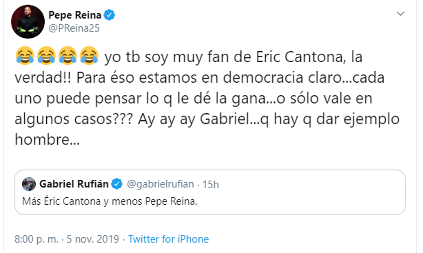 Tuit de Pepe Reina sobre Rufián