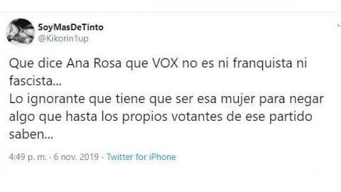 Tuit crítico contra las declaraciones de Ana Rosa Quintana sobre Vox3. Twitter