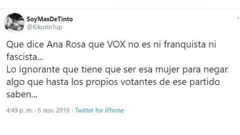 Tuit crítico contra las declaraciones de Ana Rosa Quintana sobre Vox3. Twitter Tuit crítico contra las declaraciones de Ana Rosa Quintana sobre Vox3. Twitter