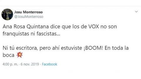 Tuit crítico contra las declaraciones de Ana Rosa Quintana sobre Vox2. Twitter